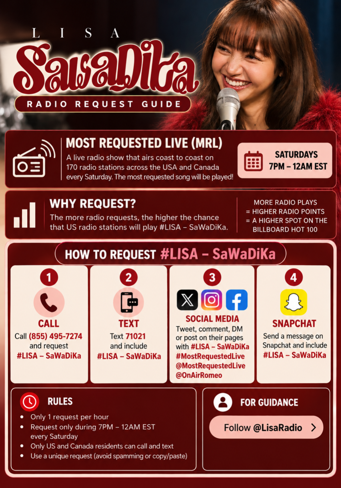 LISA SaWaDiKa radio request guide for Most Requested Live